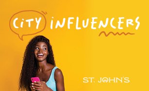 yellow background with white text "City Influencers" with young woman holding a cell phone