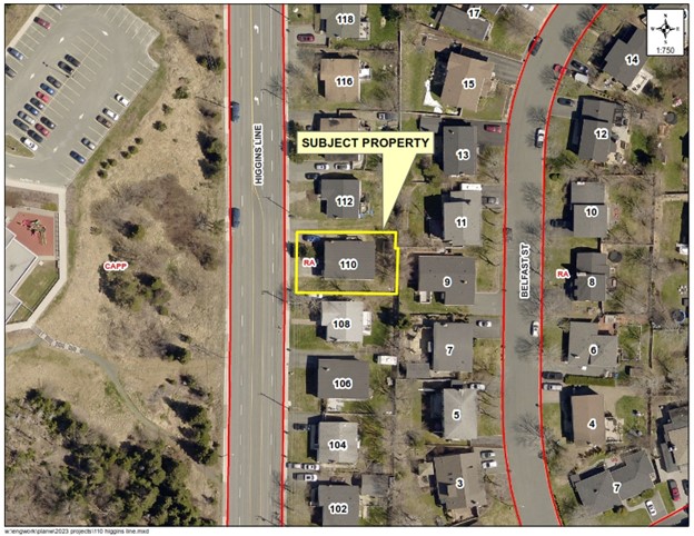 overhead arial map of 110 Higgins Line and surrounding area