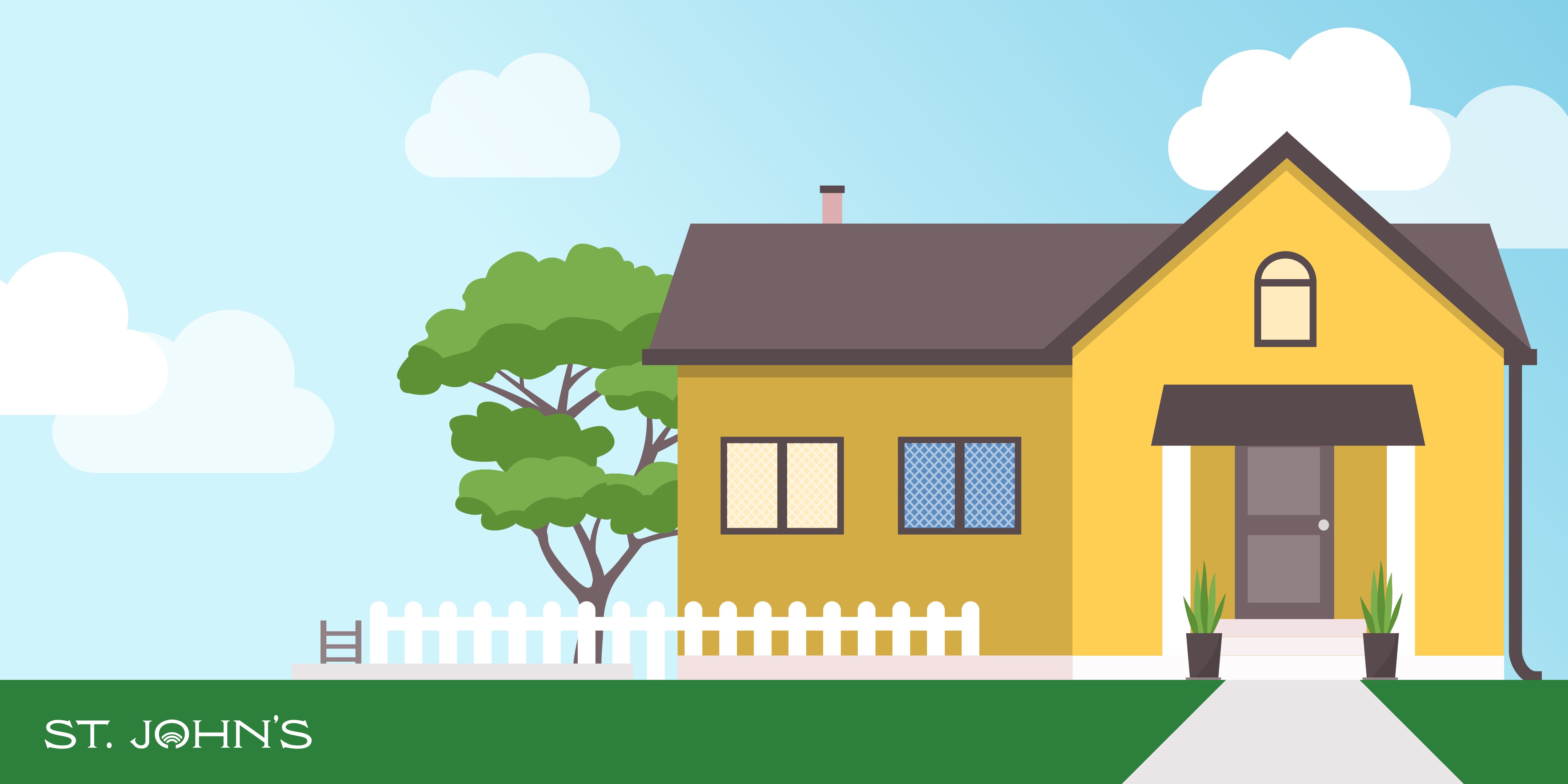 Animated image of a yellow house with a white fence, a tree and the sky with clouds and the City logo.