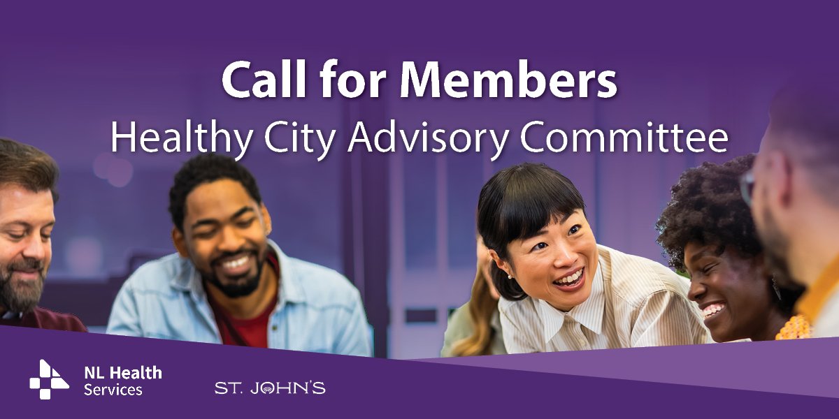 purple background with people around a table looking at documents and the text in white: "Call for Members, Healthy City Advisory Committee."