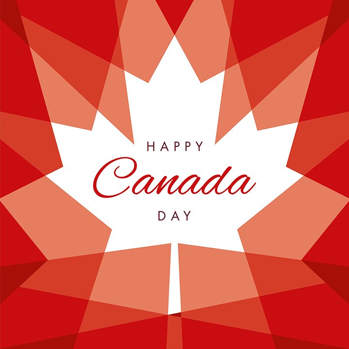 White maple leaf with red background and red text 