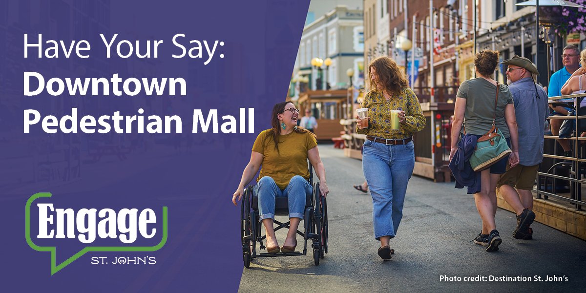 Image of people enjoying the Downtown Pedestrian Mall. Text says 