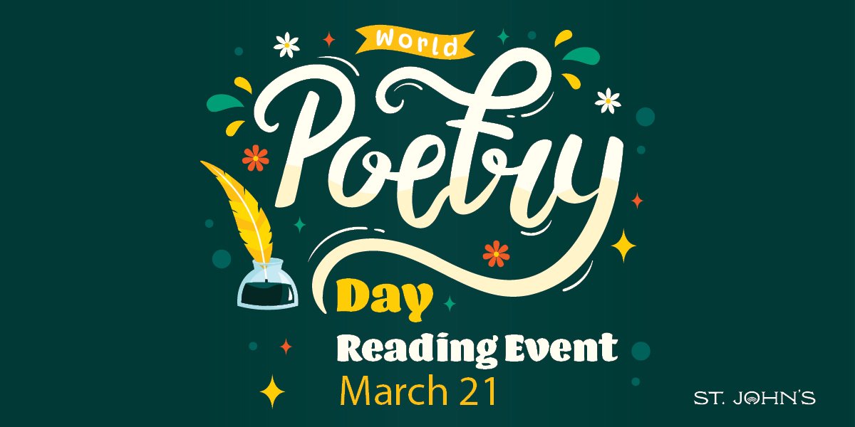 The text World Poetry Day Reading Event on a dark green background with a pen in an inkwell 