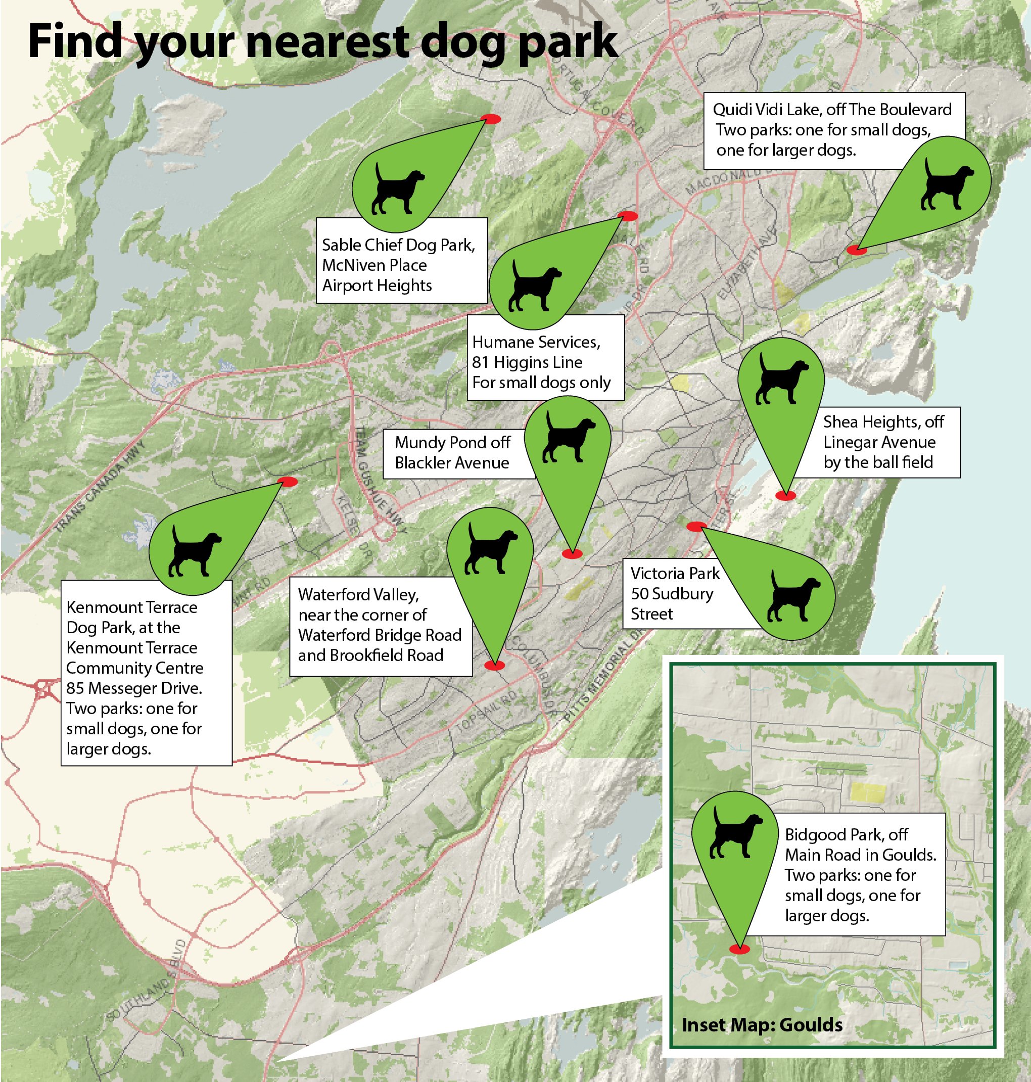 A map of St. John's indicating the locations of the nine dog parks located in the city