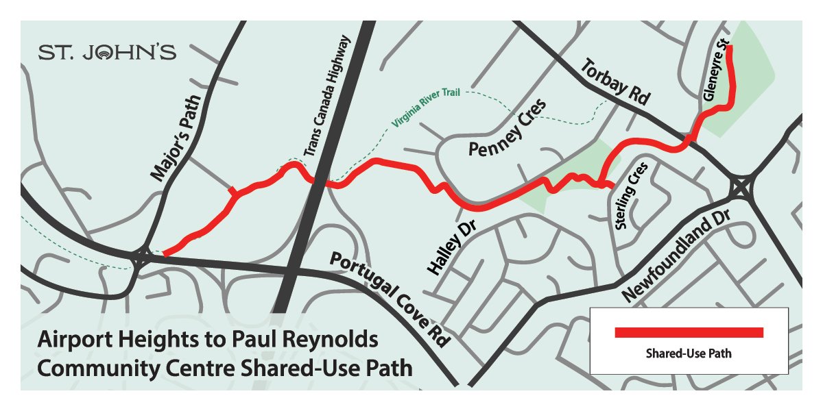 A map depicting a new shared-use path connecting Airport Heights to the Paul Reynolds Community Centre