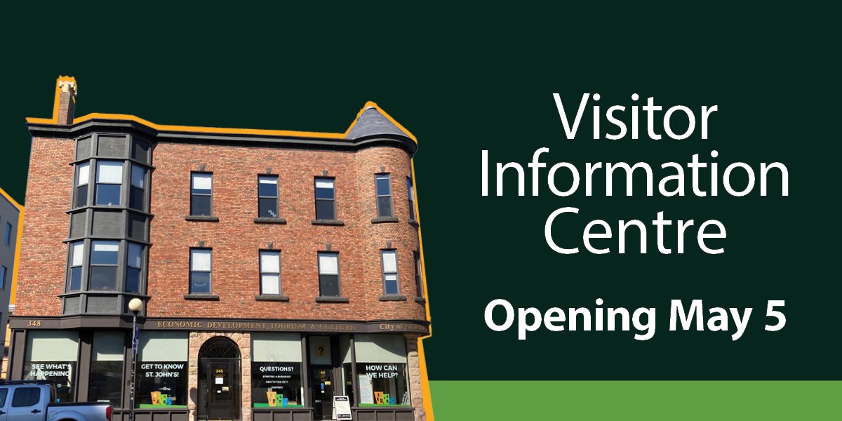 Dark green background with a picture of the Visitor Information Centre with white text 