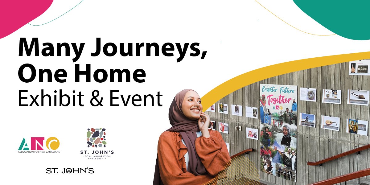 a person standing next to a photo exhibit, includes text Many Journeys, One Home Exhibit & Event 