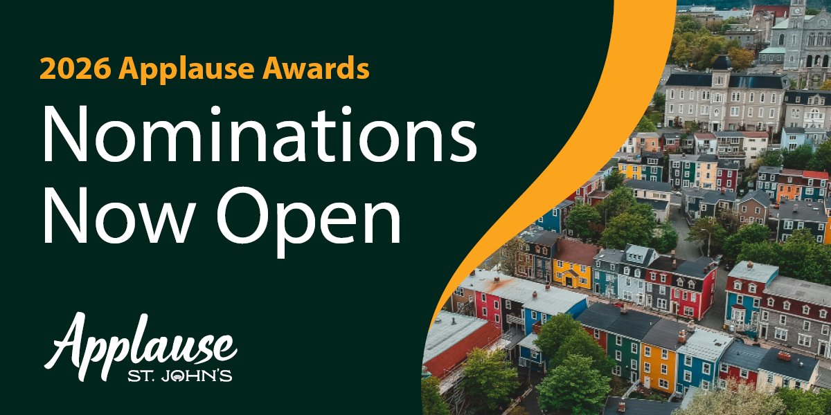 Aerial image of Downtown St. John's Text says "2026 Applause Awards Nominations Now Open"