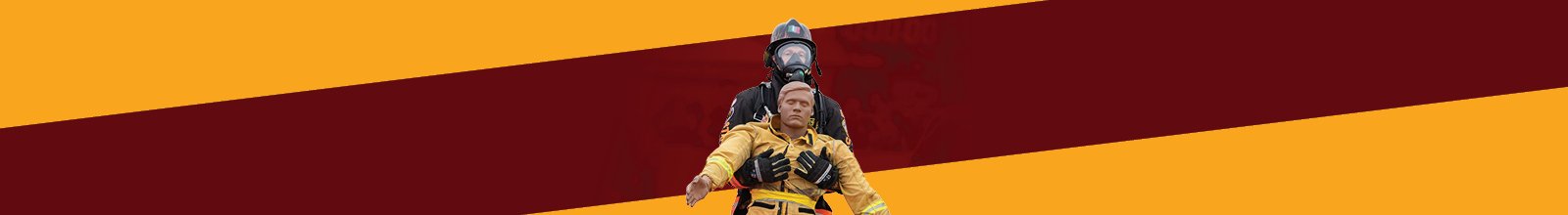 Firefighter carrying a training dummy in a rescue hold against a red-yellow background