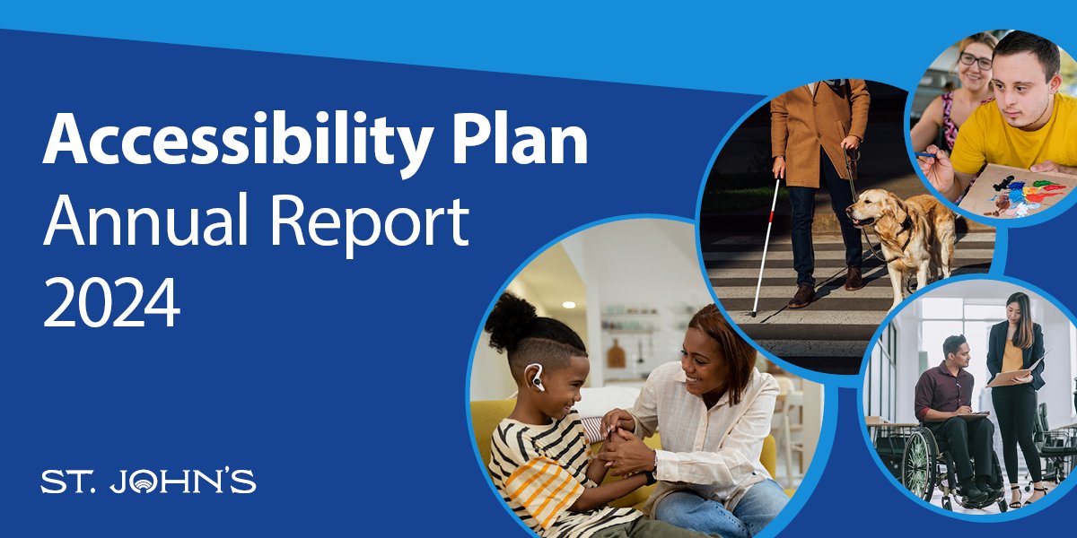 A promotional graphic for the Accessibility Plan Annual Report 2024 by the City of St. John’s. The design features circular images that highlight accessibility and inclusion, including a person using a white cane with a guide dog, a young child with hearing aids interacting with an adult, an individual using a wheelchair in a professional setting, and a person with Down Syndrome painting. 