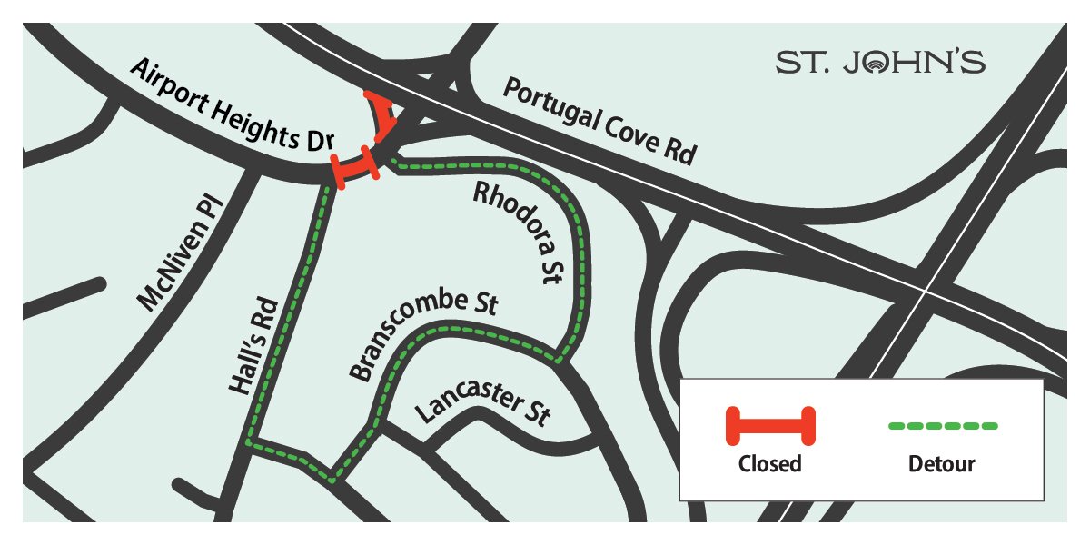 A map depicting a detour on Airport Heights Drive