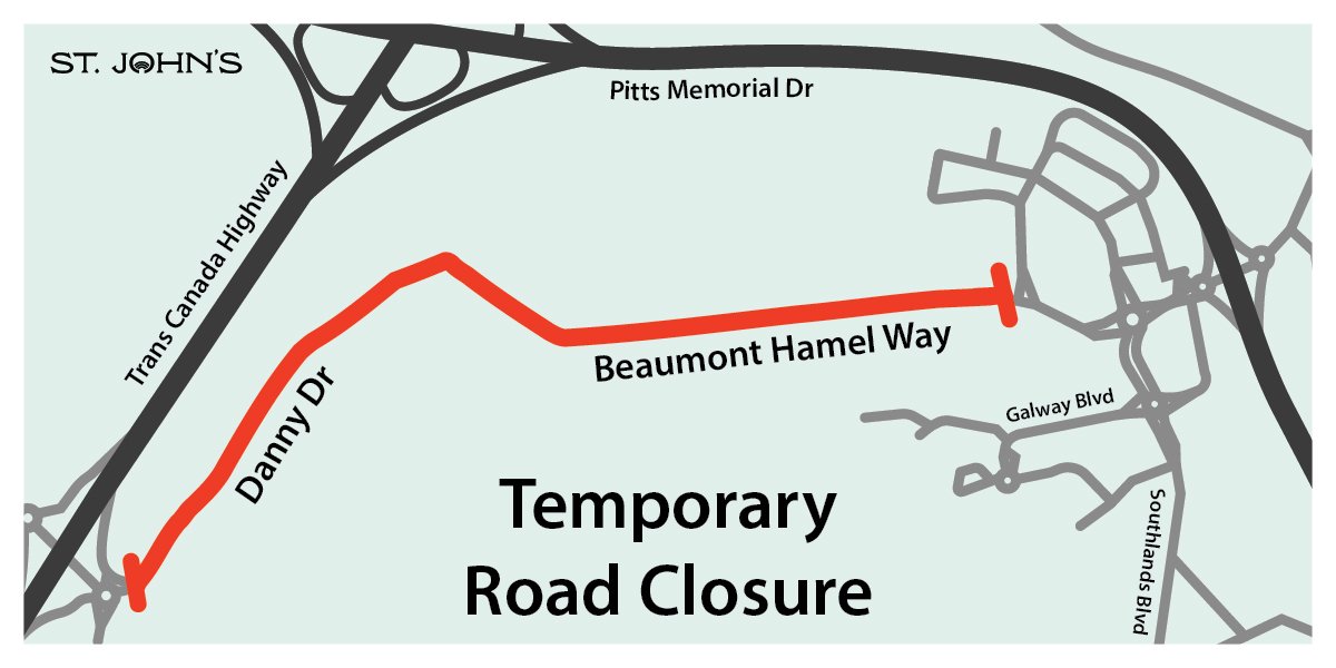 A map graphic depicting a road closure on Beaumont Hamel Way and Danny Drive