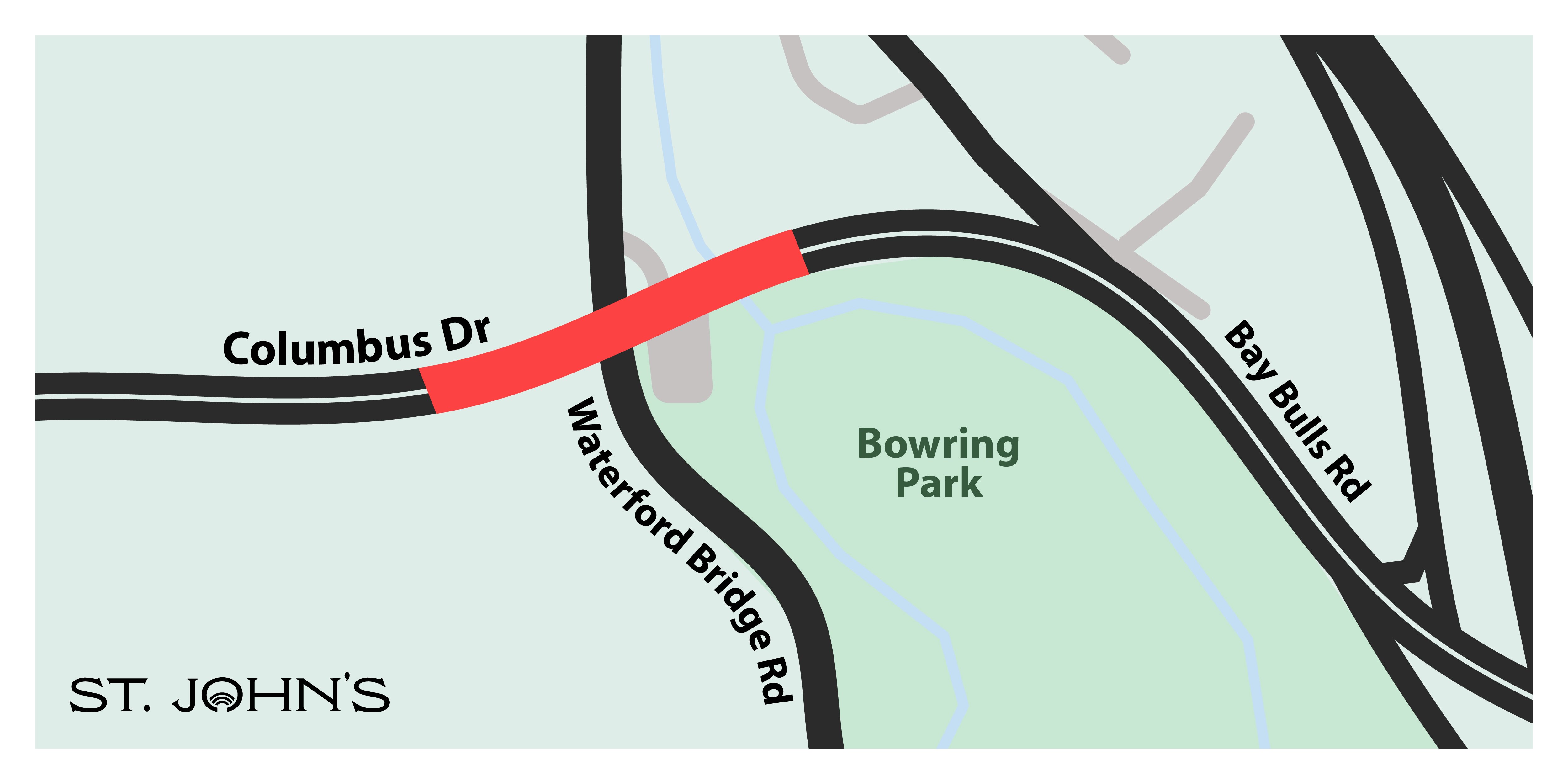 Map depicting a traffic disruption on the Columbus Drive bridge near Bowring Park