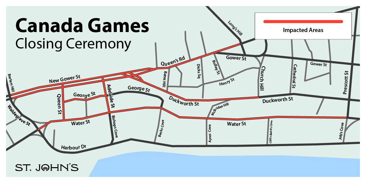 Graphic depicting a map of Downtown St. John's with impacted areas noted in red.