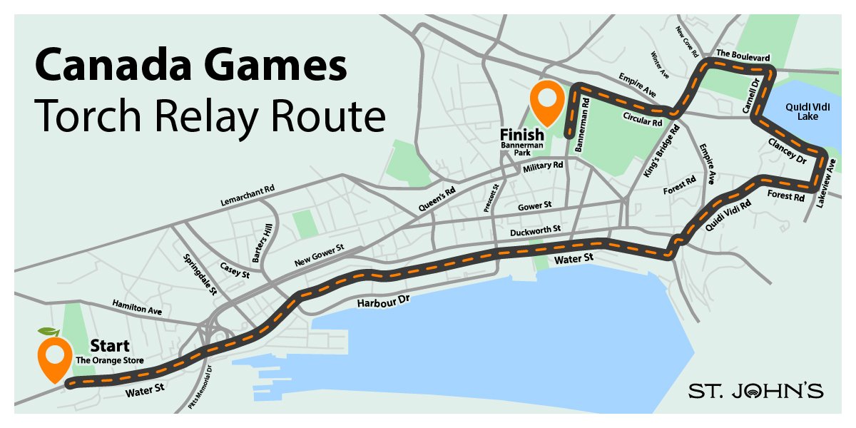 Graphic depict a map of the Canada Games Torch Relay route. 
