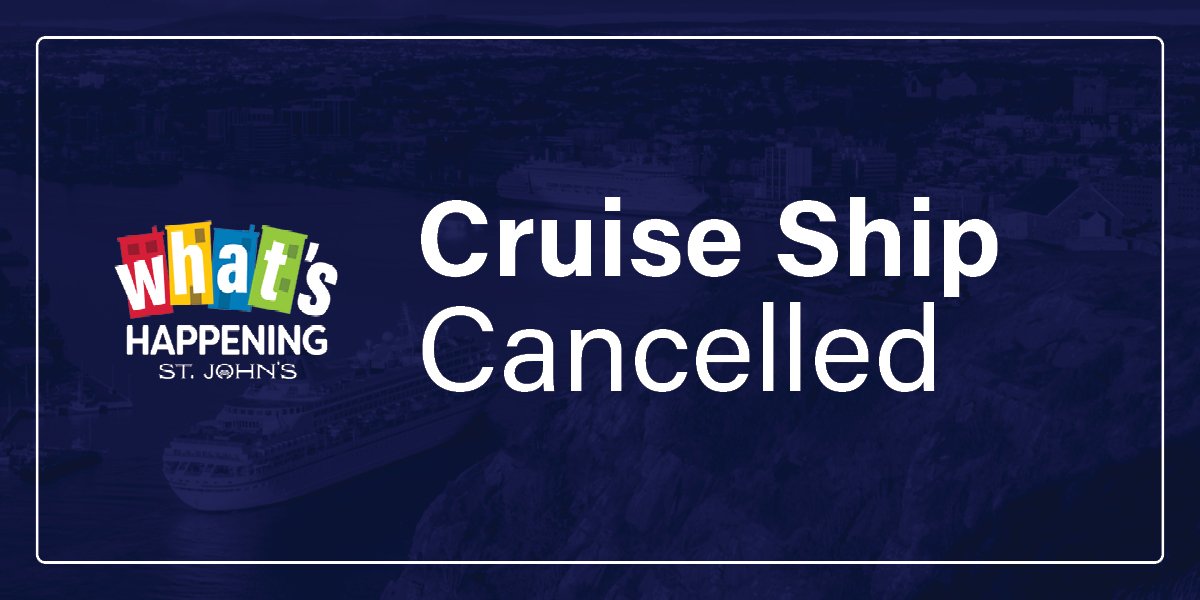 Navy background with white text "Cruise Ship Cancelled" with What's Happening logo