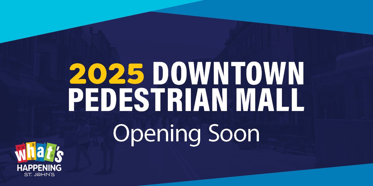 Blue graphic with text that says "2025 Downtown Pedestrian Mall Opening Soon"
