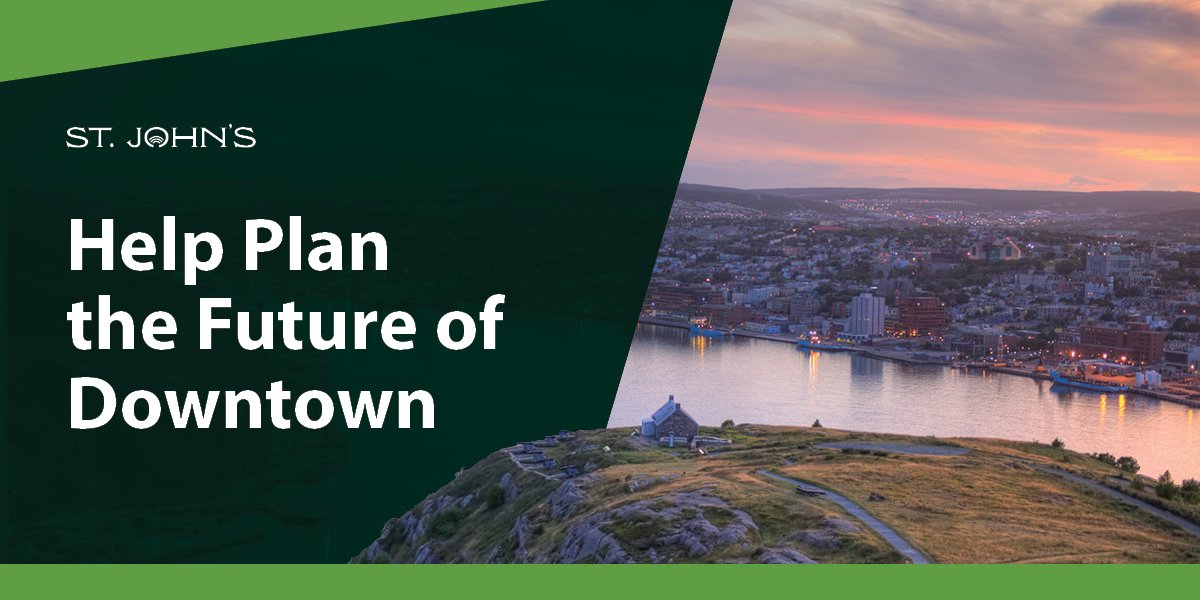 Promotional banner showing a scenic sunset view of downtown with the text 'Help Plan the Future of Downtown'