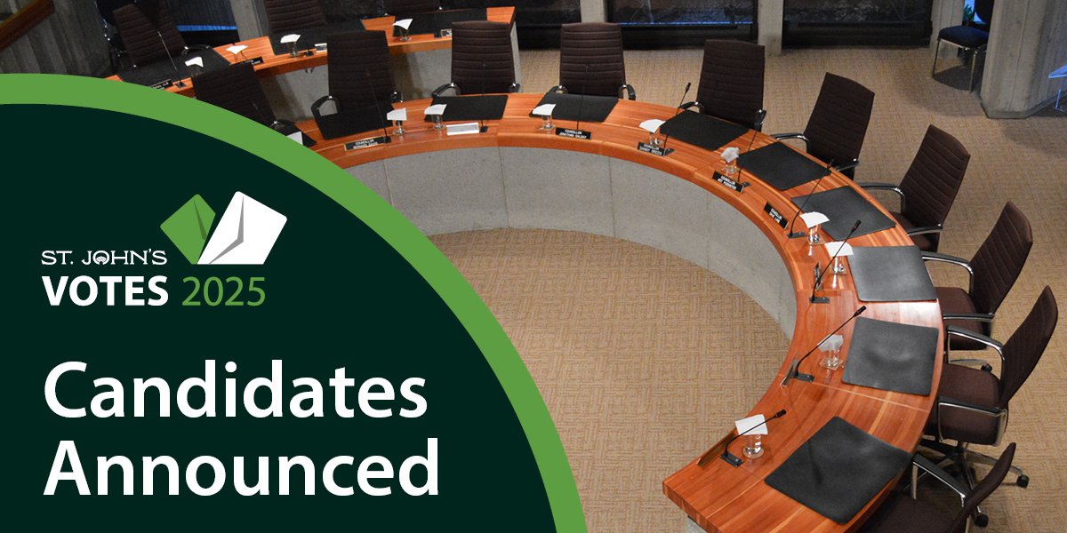 Council chambers with the text "candidates announced" and the St. John's Votes 2025 watermark overlayed on a circle in the corner