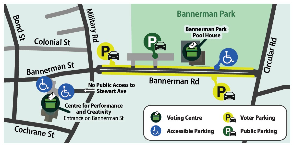 Map depicting voting centres and parking locations in Ward 2