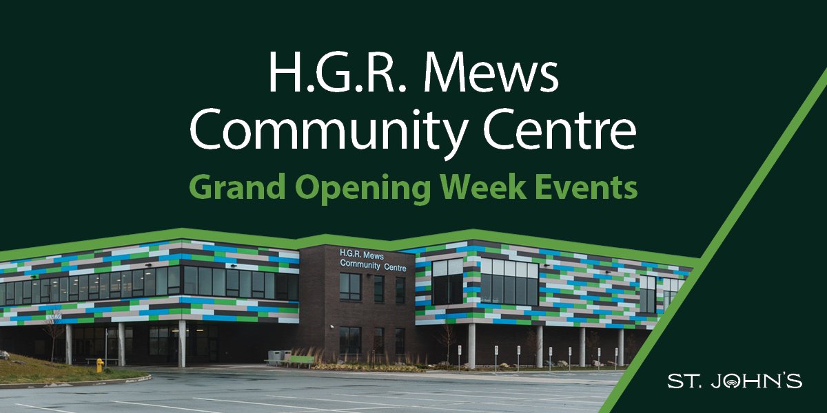 Exterior view of the newly built H.G.R. Mews Community Centre shown with text: 