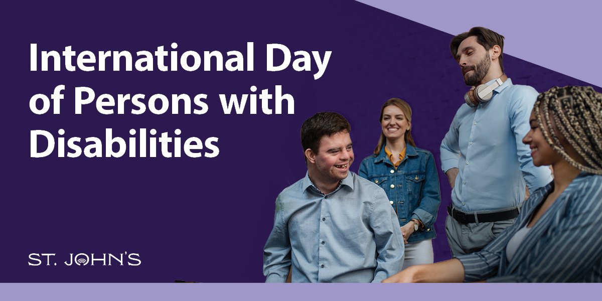 Graphic promoting International Day of Persons with Disabilities. The design features four people with a purple background and bold white text reading ‘International Day of Persons with Disabilities.’ The St. John’s logo appears in the bottom left corner.