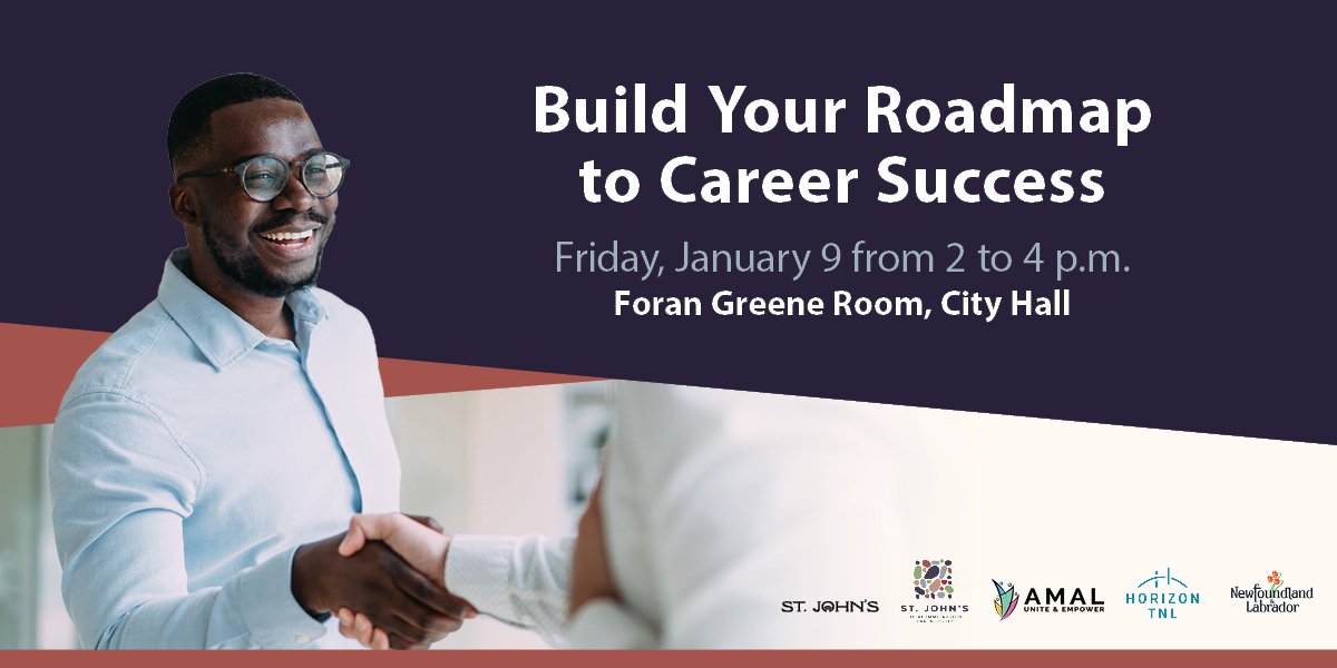 Poster with a person shaking hands and text announcing “Build Your Roadmap to Career Success,” January 9, 2–4 p.m., Foran Greene Room, City Hall.