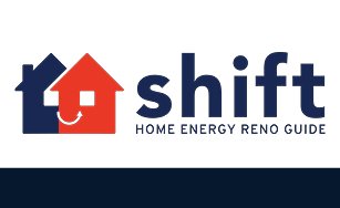 Image of an animated blue and red house with text "shift home energy reno guide"