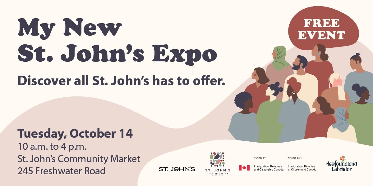 Poster for “My New St. John’s Expo,” a free event on Tuesday, October 14, 10 a.m.–4 p.m. at St. John’s Community Market. Includes logos and an illustration of diverse people.