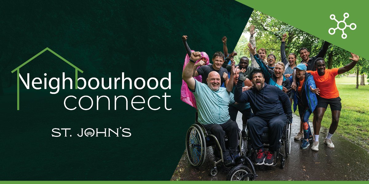 Group of people being active outside with dark green background with white text "Neighbourhood Connect"