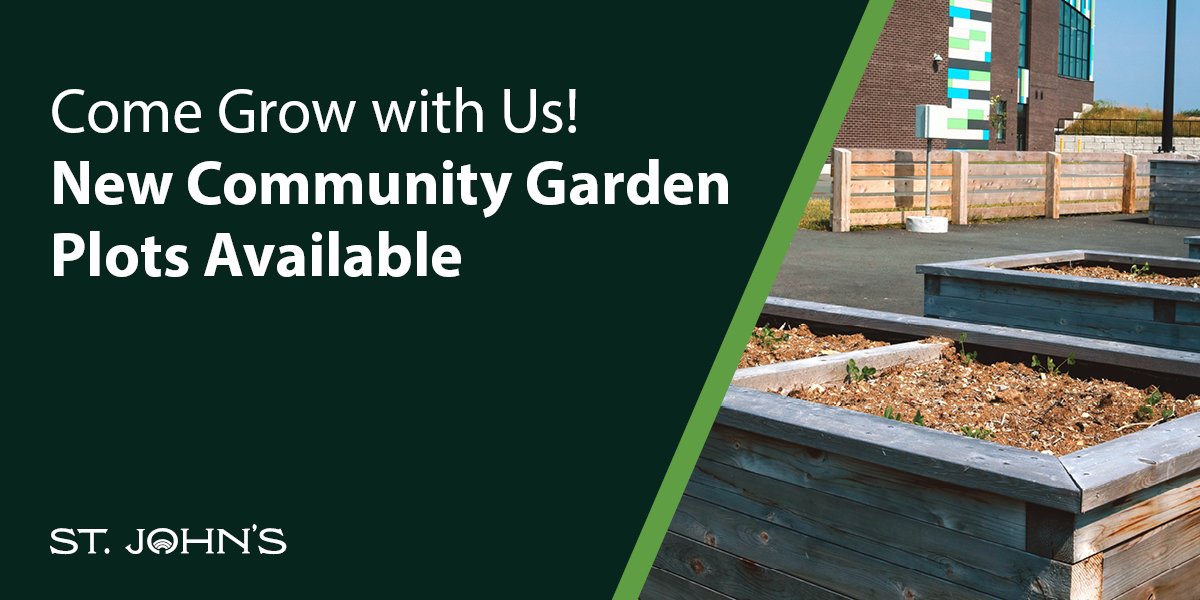 Green background with a picture of plots at a community garden with text "Come Grow with Us! New Community Garden Plots Available"