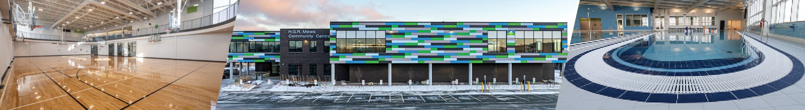 Images of a basketball court, the Mews building, and a swimming pool