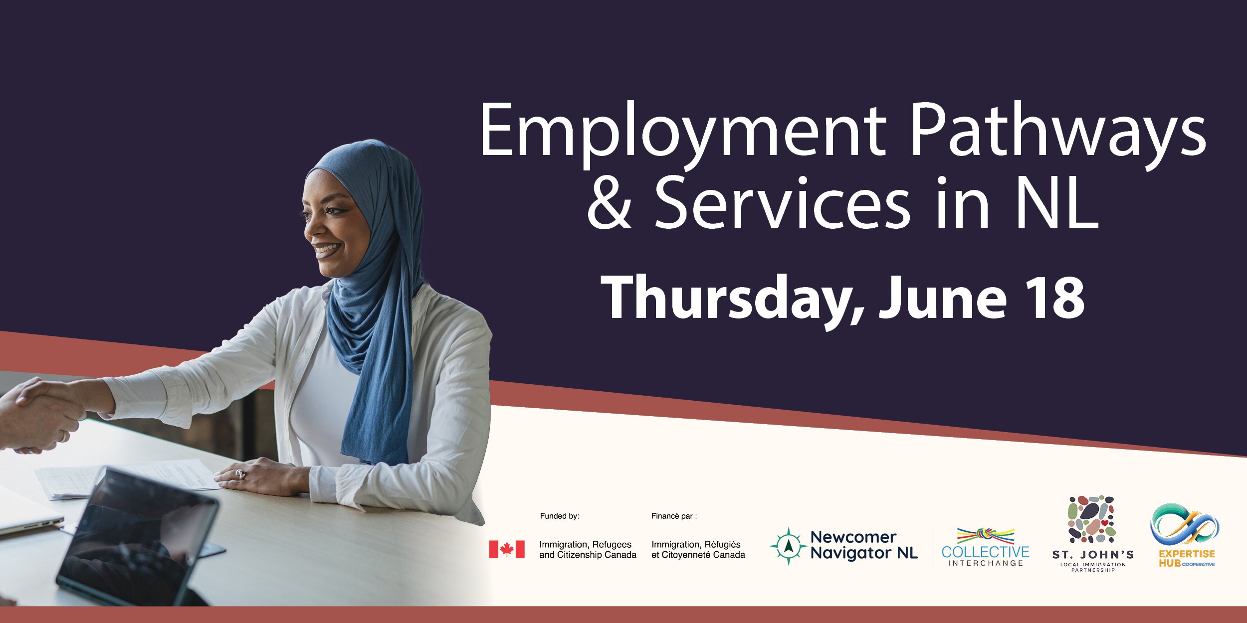Image of a person shaking someone's hand with text that says Employment Pathways & Services in NL, Thursday, June 18