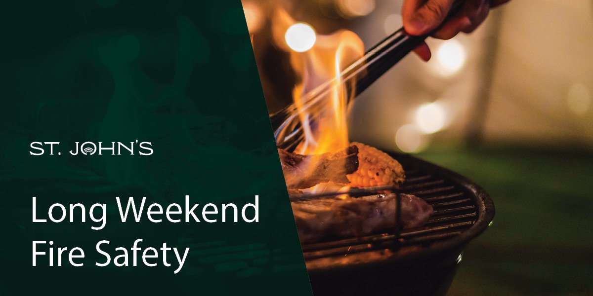Dark green background with white text "Long Weekend Fire Safety" with a picture of a fire and the City logo