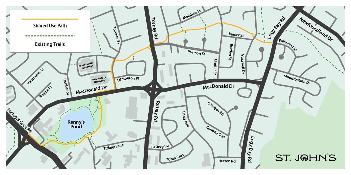 Map depicting a new Shared-Use Path from Portugal Cove Road to Logy Bay Road