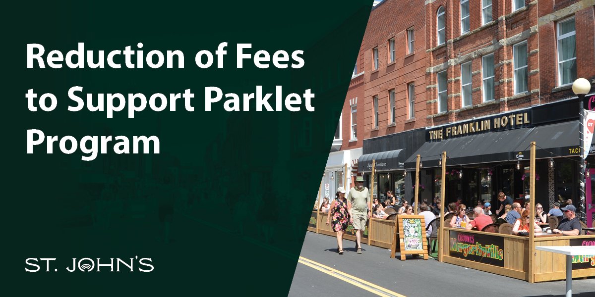 An image of a patio on Water Street with the text Reduction of Fees to Support Parklet Program