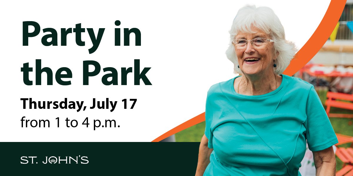 person at an event smiling; includes text "Party in the Park Thursday, July 17, 2025 from 1 to 4 p.m."