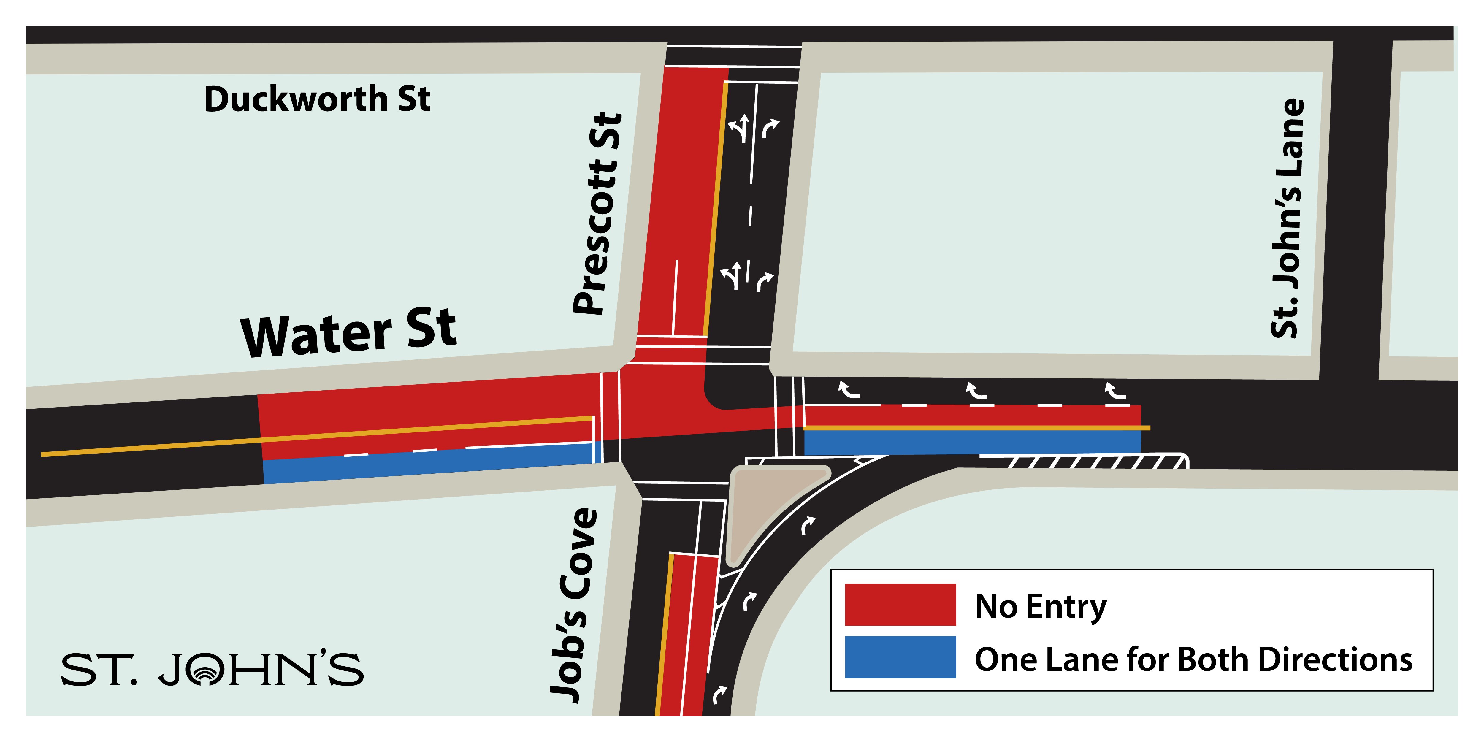 Map depicting traffic disruptions at the intersection of Water Street and Prescott Street