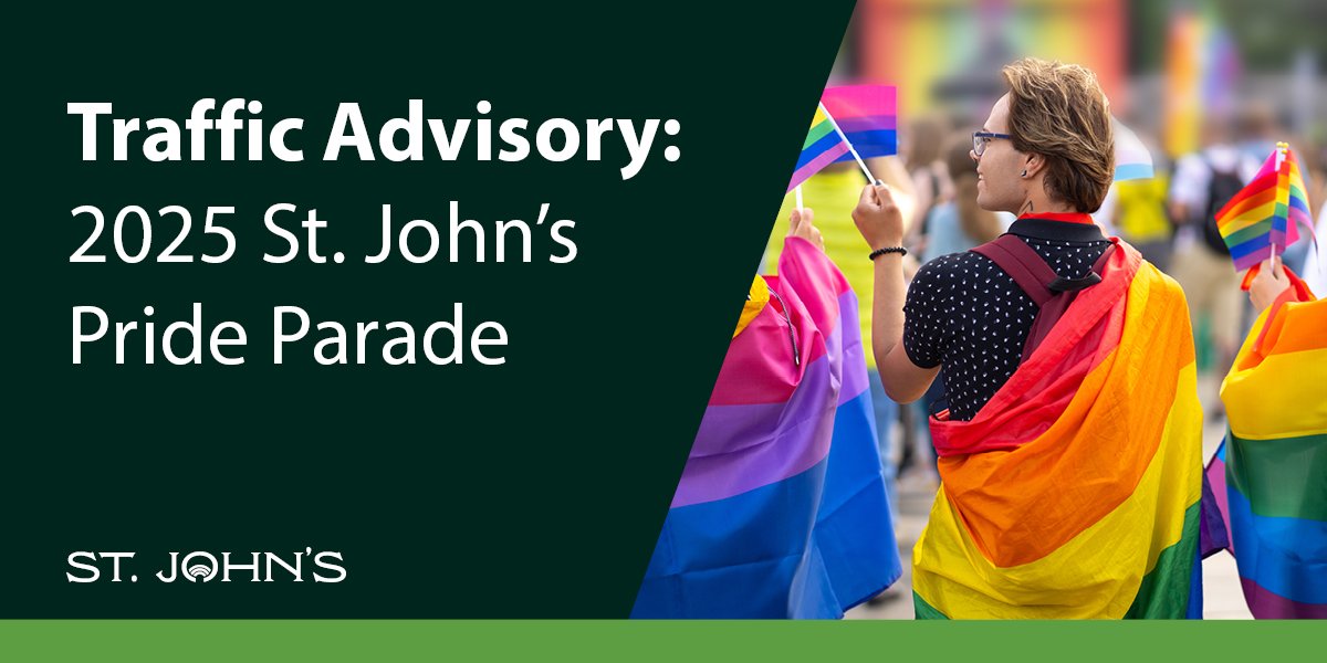 Person wearing a rainbow flag and text that says Traffic Advisory: 2025 St. John's Pride Parade
