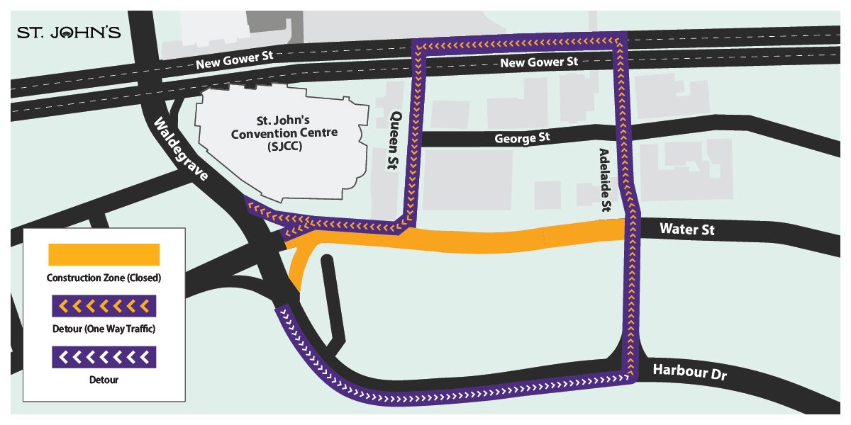 Map depicting a detour on Water Street between Waldegrave and Bishops Cove