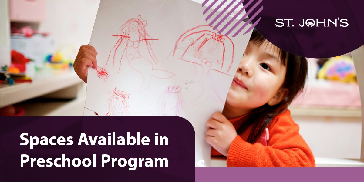 Young child with a piece of paper with drawings on it with white text "Spaces Available in Preschool Program"