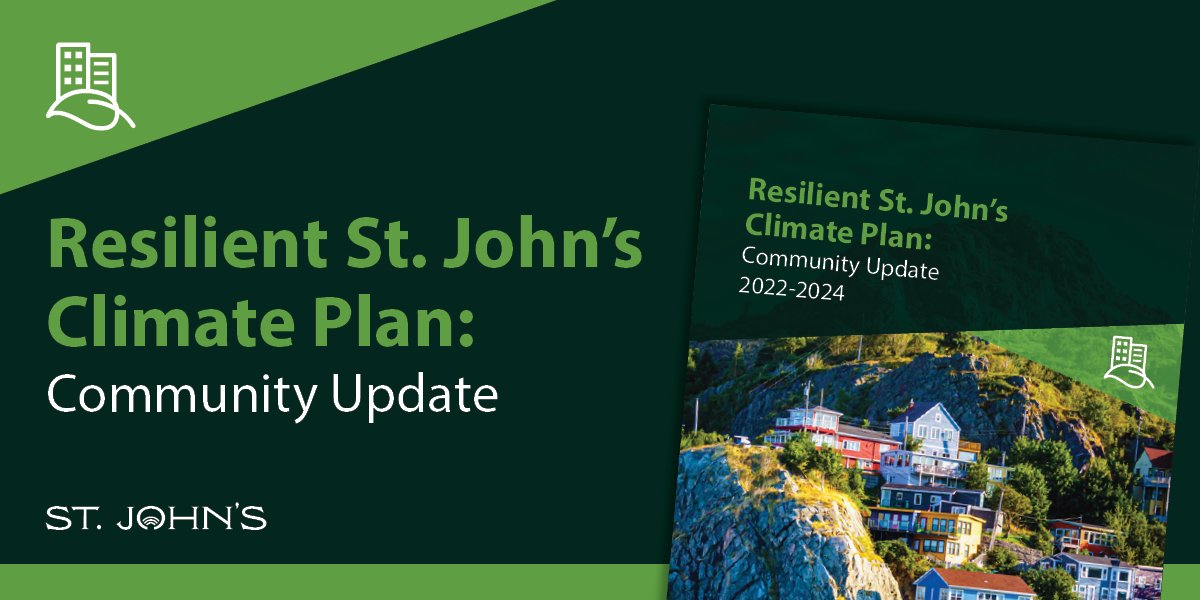 Promotional graphic for the 'Resilient St. John's Climate Plan: Community Update 2022–2024.' In the top left corner there is icon from the City's Strategic Plan which symbolizes being 'A Sustainable City'. On the right, is an image of the cover of the report. 