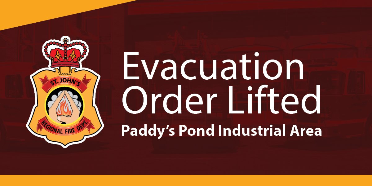 the text "Evacuation Order Lifted: Paddy's Pond Industrial Park" on a red background 