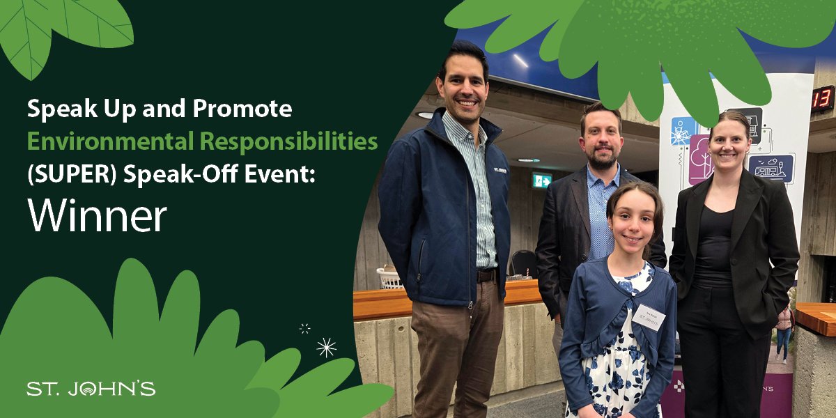 Image of four people standing and smiling with animated greenery around with text 