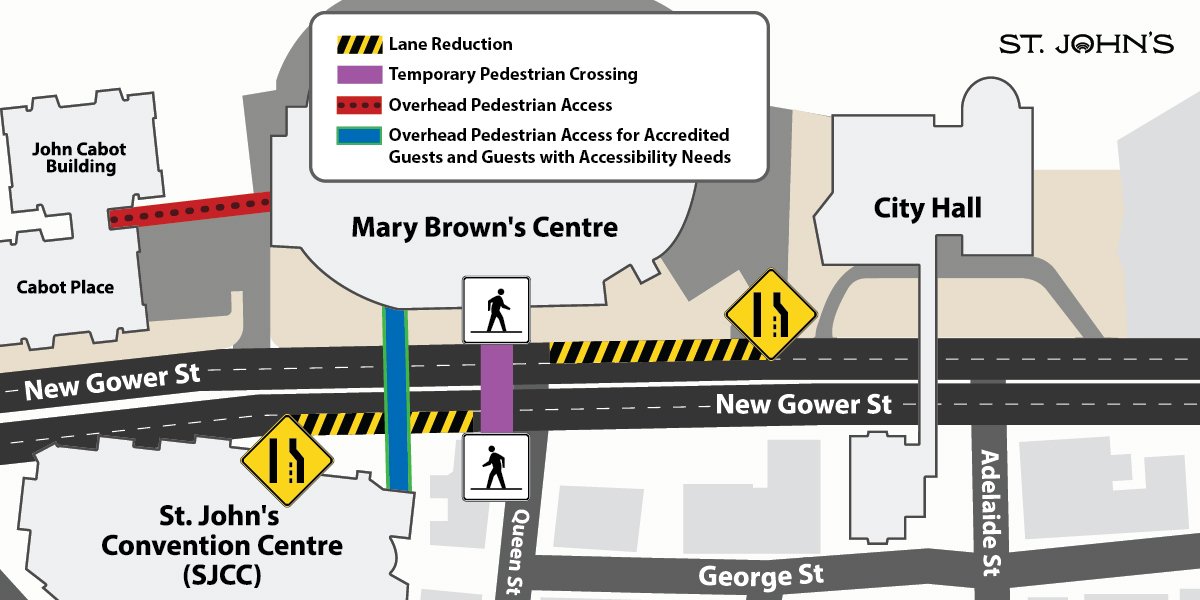 Map graphic depicting lane reductions, a temporary pedestrian crosswalk and pedways around the Mary Brown's Centre. 