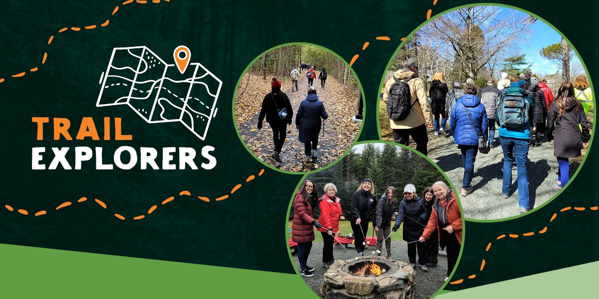 Dark green background with an animated image of a map with orange and white text, "Trail Explorers" with 3 circle pictures of participants