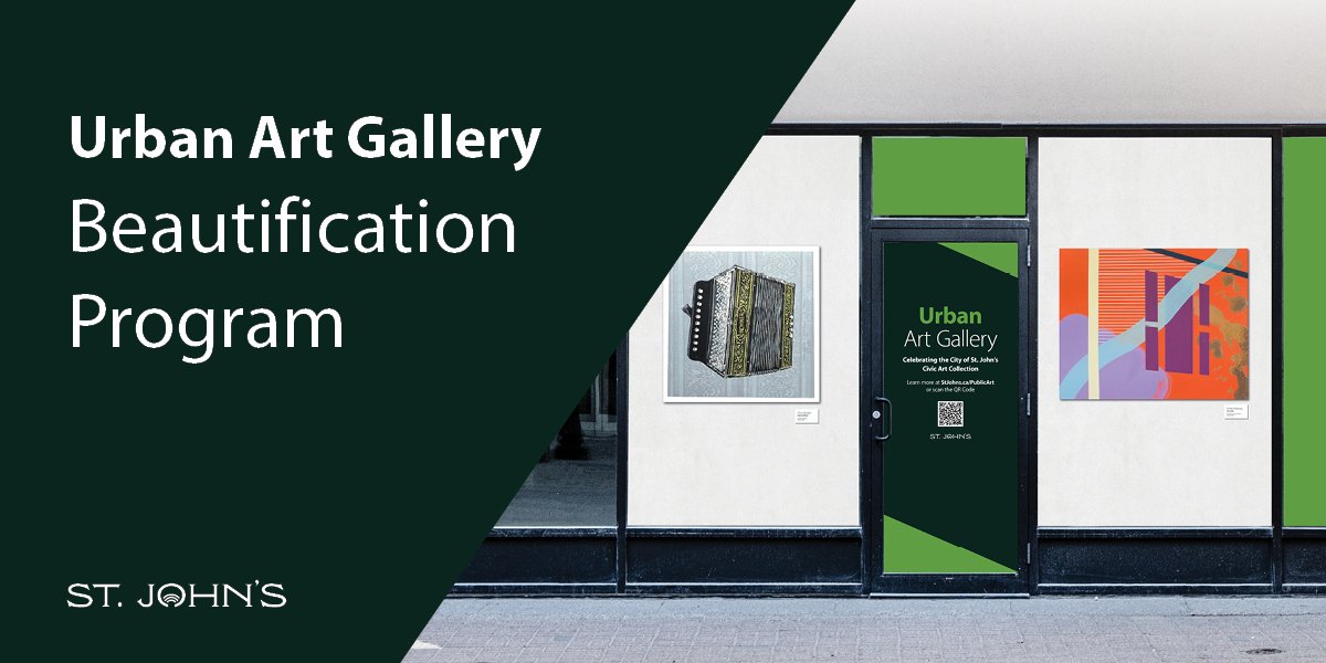 Image of a store-front with art in the windows and dark green background with white text 