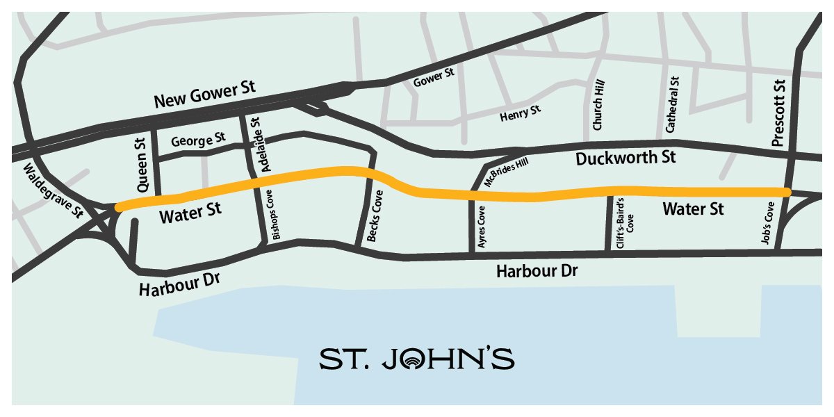 Map highlighting Water Street from Waldegrave to Prescott Street