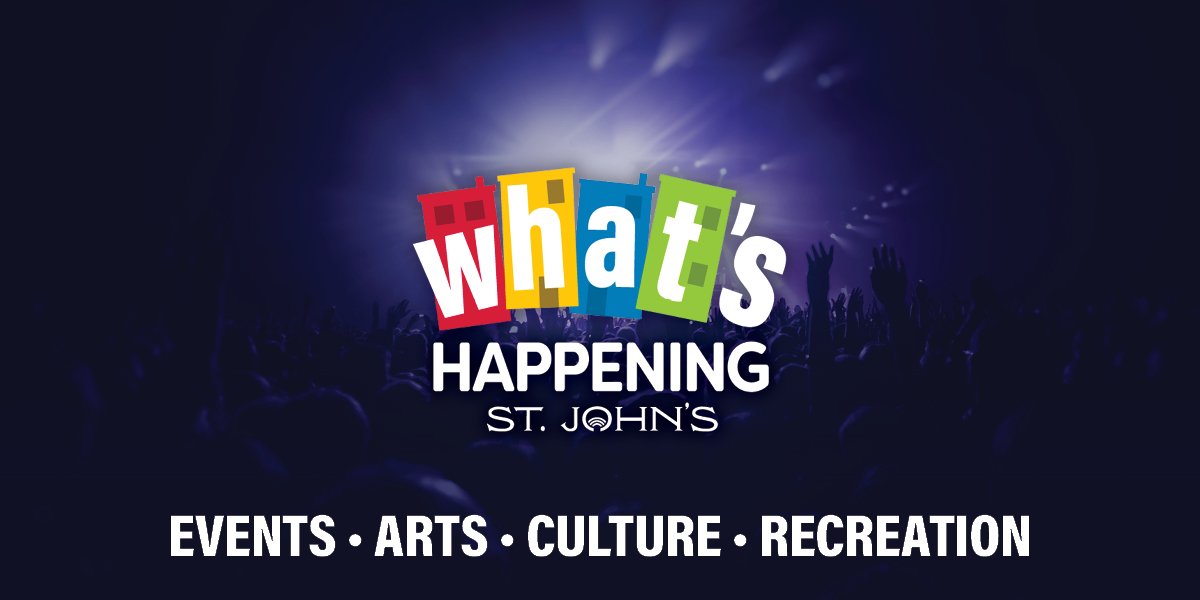 Large What's Happening St. John's logo wit text that says "Events, Arts, Culture, Recreation"