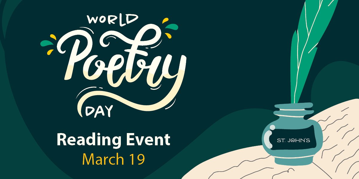A dark green background with text "World Poetry Day Reading Event March 19" with an illustrated book, quill and ink.